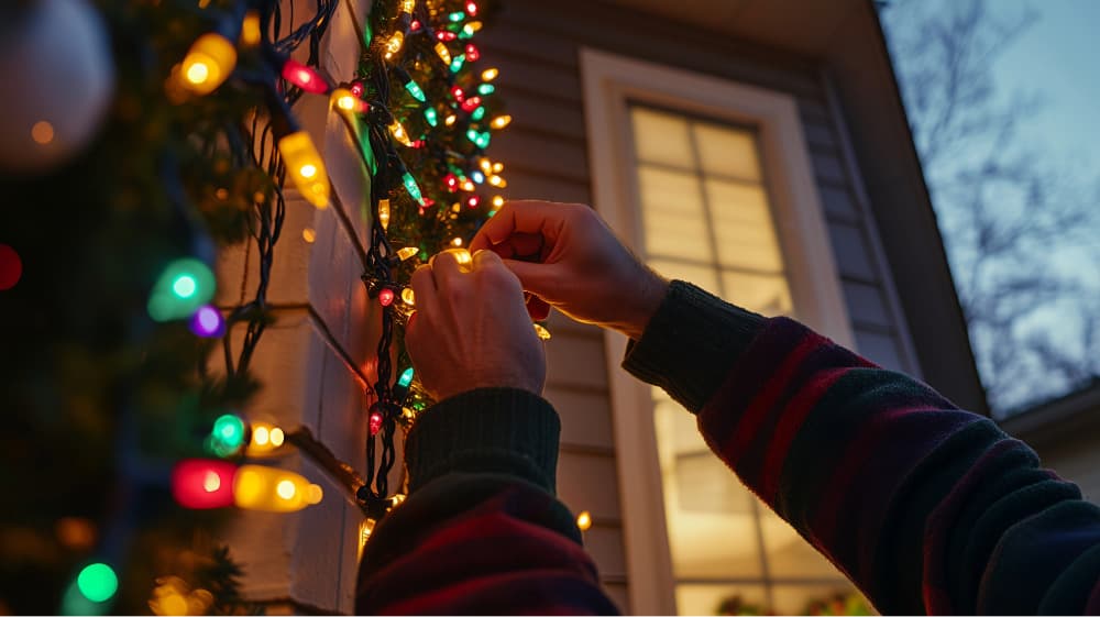 person installing christmas lights after an electrical panel upgrade